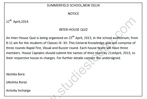 CBSE Class 10 English Notice Worksheet